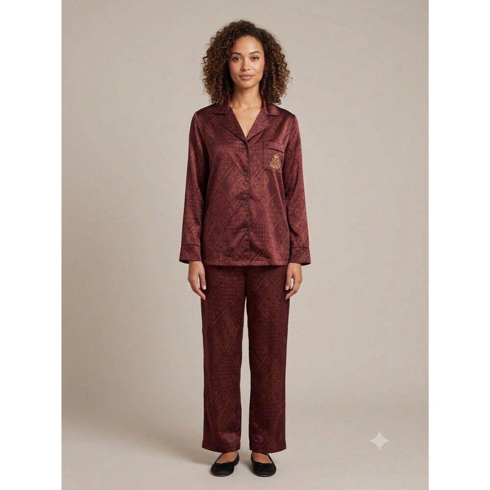 Lauren Ralph Lauren Embroidered Burgundy Print Satin Pajama Set Size XS